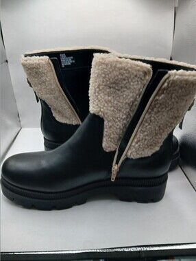 Womens Black Faux Leather Ankle Boots with Cream Sherpa Lining